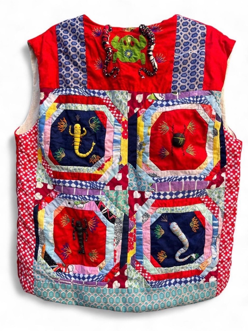 Vintage Red Quilted Organic Cotton Puffer Vest with 3D Motifs and patchworks